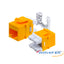 Yellow Cat6 keystone jacks with white connector modules and internal wiring shown, featuring Wavenet branding