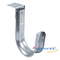 Galvanized steel J-hook ceiling mount bracket for network cable management, shown with mounting plate and cable support comp…