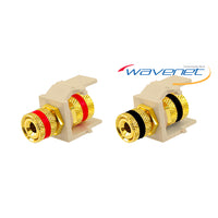 Wavenet gold-plated speaker binding post module in ivory with red and black insulating rings, shown in front and side view