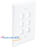 White 6-port oversized single-gang faceplate for structured cabling and network installations