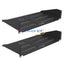 Two black 2U vented rack shelves with ventilation slots and mounting brackets, ideal for network server cabinets