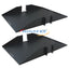 Two black 2U 25-inch double-sided solid rack shelves with mounting brackets, displayed at angles showing front and side views