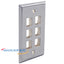 Stainless steel 6-port network faceplate with dual-gang mounting holes for structured cabling installations
