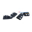 Black swivel and adjustable rack mount hardware with stainless steel fasteners and mounting holes for cable management