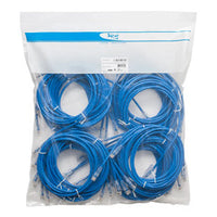 Four blue Cat6 patch cords with clear boots coiled in clear plastic bag, 7ft networking cables for structured cabling