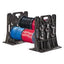 Rack-A-Tiers wire dispenser with multiple spools of blue, red, and black network cabling on black metal frame