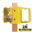 Yellow RAC-LJ50R Level Jack mud ring mounted on wooden pole with self-leveling mechanism and electrical box housing