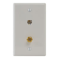 White wall plate with 6P6C terminal jack and coaxial connector outlets for structured cabling installation