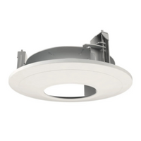White semi-flush ceiling dome mount for small fixed vandal-resistant security cameras with gray metal bracket assembly