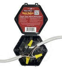 Open splice junction box with yellow cable connectors and gray networking cables attached, hexagonal black casing design