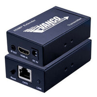 Vanco HDEX60 HDMI extender with dual units showing HDMI input/output ports and Cat5e/Cat6 network connection