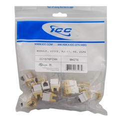 ICC Cabling Products: IC1076FCWH White High Density RJ-11 Voice Keystone Jack 25 Pack