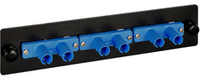 ICC ST ceramic multimode/singlemode fiber optic adapter panel with 6 simplex connectors mounted on black rack bracket