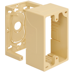 Ivory single gang mounting box for network cabling with cable entry hole and mounting flanges