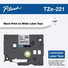 Brother TZe-221 black print on white laminated label tape cartridge for P-Touch labelers, 9mm width