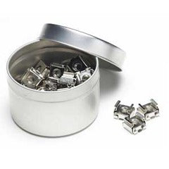100-pack of 10-32 cage nuts in white metal container with loose nuts displayed outside Main image