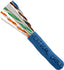 Vertical Cable Cat6A 10Gb UTP networking cable spool in blue jacket with exposed twisted pair conductors