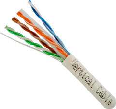 Vertical Cable Cat6A 10Gb UTP networking cable spool with color-coded twisted pairs in white jacket