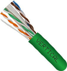 Vertical Cable Cat6A 10Gb UTP network cable spool with green jacket showing twisted copper wire pairs Main image