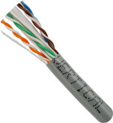 Vertical Cable Cat6A 10Gb UTP networking cable spool showing twisted pair conductors in grey jacket