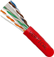Red Cat6A UTP network cable spool with exposed twisted pairs showing blue, orange, green, brown, gray and white conductors