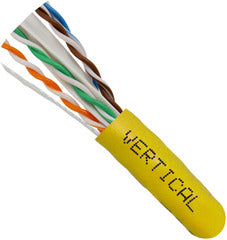 Vertical Cable Cat6A 10Gb UTP networking cable on yellow 1000ft spool with colored twisted pairs visible Main image