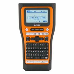 P-touch edge handheld industrial label printer with orange and black design, QWERTY keyboard, and LCD display screen Main image