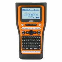 P-touch edge handheld industrial label printer with orange and black design, QWERTY keyboard, and LCD display screen