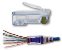 Platinum Tools Cat 6 EZ-RJ45 modular connectors 50 pack with clear storage case and assembled connector showing blue body wi…