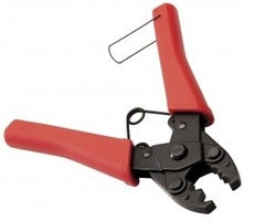 Platinum Tools External Ground Crimp Tool with red handles and black metal crimping head for network cabling