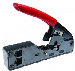 Platinum Tools Tele-Titan modular plug crimp tool with red handle and gray metal base for network cabling