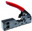 Platinum Tools Tele-Titan modular plug crimp tool with red handle and gray metal base for network cabling