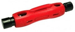 Platinum Tools double ended coax stripper with red handle and black end caps for precision cable stripping