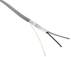 16 gauge 2 conductor stranded shielded cable with gray outer jacket and exposed copper and shield conductors