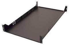 Black 4-post adjustable rack shelf with 2RU capacity and side rail mounting brackets for server equipment