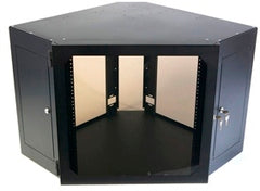 Dark gray corner wall mount cabinet with glass front doors and black interior shelving, 12 rack unit capacity Main image