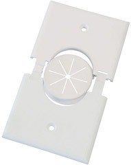 White single gang Splitport wall plate with circular grommet opening for cable pass-through and mounting holes