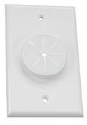 White single gang wall plate with integrated circular grommet for network cable management and passage