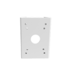 White DWC PTZ camera pole mount bracket with pre-drilled holes and central opening for secure installation