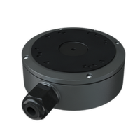 Black DWC junction box for T9 turret cameras with fixed lens, featuring cable entry port and mounting hardware