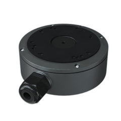 Black DWC junction box for T9 turret cameras with fixed lens, featuring cable entry port and mounting hardware
