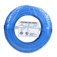 Blue 22/4 solid alarm wire 500ft coil pack with CablingPlus label and UL certification marks