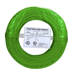 Green 22/4 solid alarm wire 500ft coil pack with structured cabling label and UL certification markings