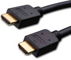 Two black HDMI cables with gold-plated connectors displaying High Speed 1080p 1.4 standard connectors