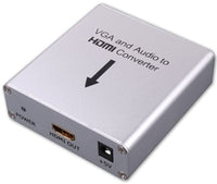 Vanco VGA and Audio to HDMI Converter silver box with ports and 50-foot cable connection capability