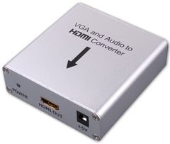 Vanco VGA and Audio to HDMI Converter silver box with ports and 50-foot cable connection capability