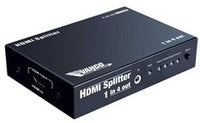 Vanco HDMI 1x4 splitter with IR control featuring 4 HDMI output ports and IR receiver on black casing