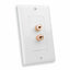 White wall plate with two gold binding posts for speaker or audio connections in structured cabling installations