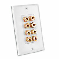 White Decora 8 speaker binding post wallplate with gold-plated connectors arranged in four pairs