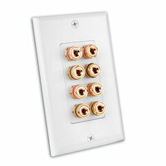 White Decora 8 speaker binding post wallplate with gold-plated connectors arranged in four pairs